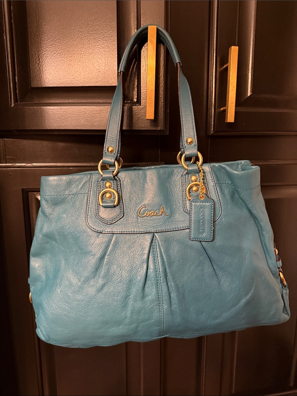 Coach Ashley F15513 Teal Blue Pebbled Leather Carryall Satchel Shoulder Bag